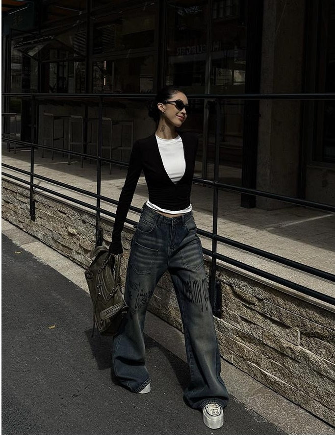 ZERO Slim Fit V-neck Layered Viscose Knit Women Black Long Sleeve Crop Tops