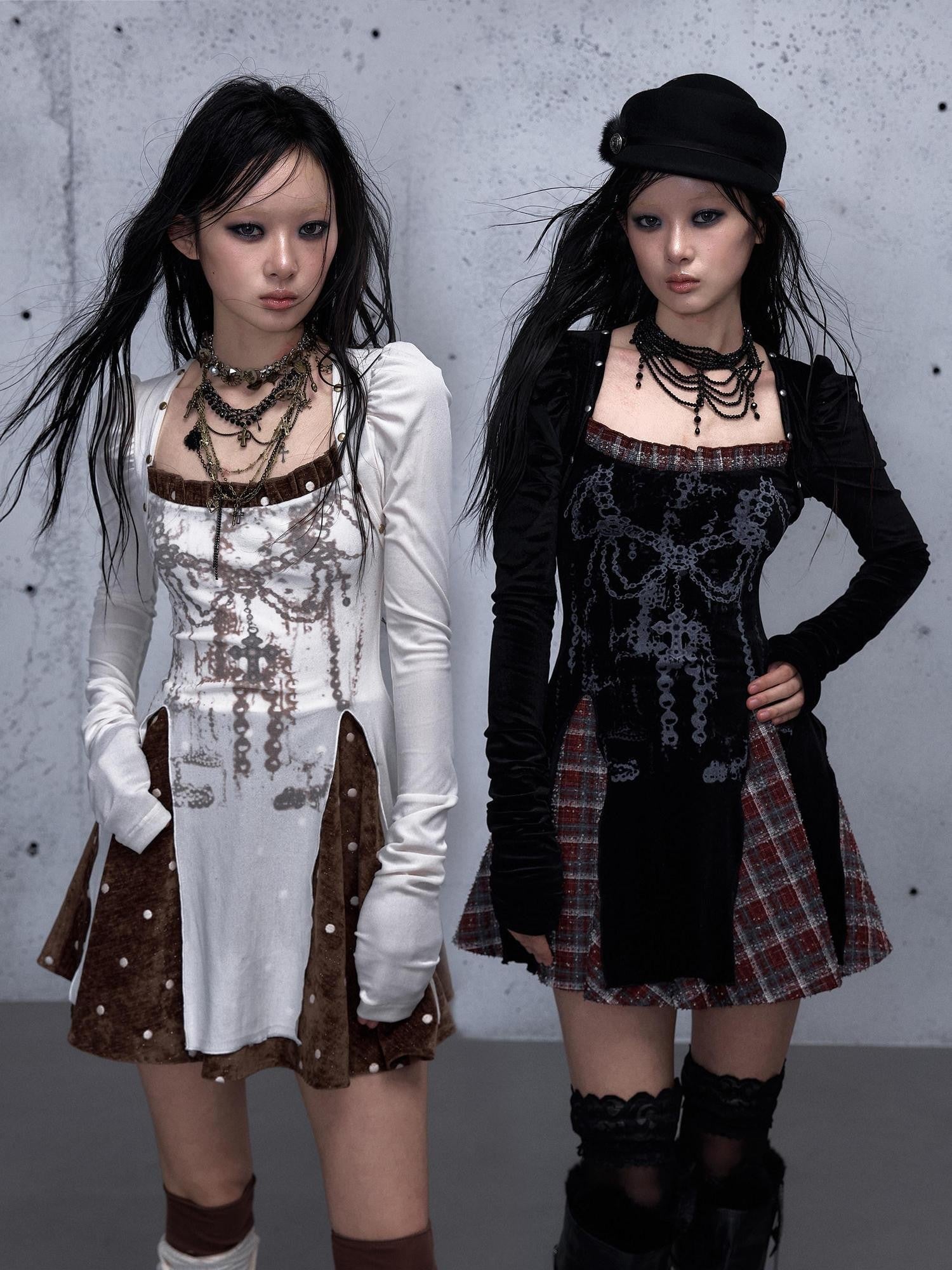 NO ROMANCE Baroque Plaid Polka Dot Square Neck Puff Sleeve Women'S Velvet Mini Dresses