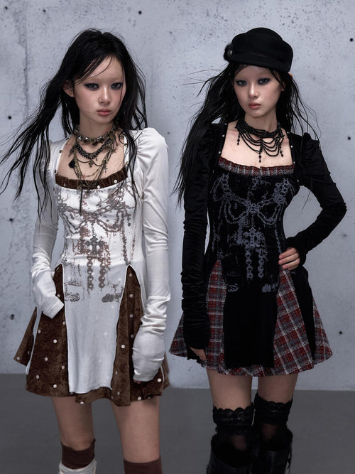 NO ROMANCE Baroque Plaid Polka Dot Square Neck Puff Sleeve Women'S Velvet Mini Dresses