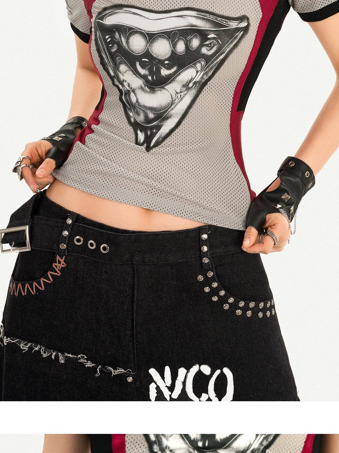 Nico Molly Ripped Natural Waist Relaxed Button Fly Letter Black Women Wide Leg Jeans