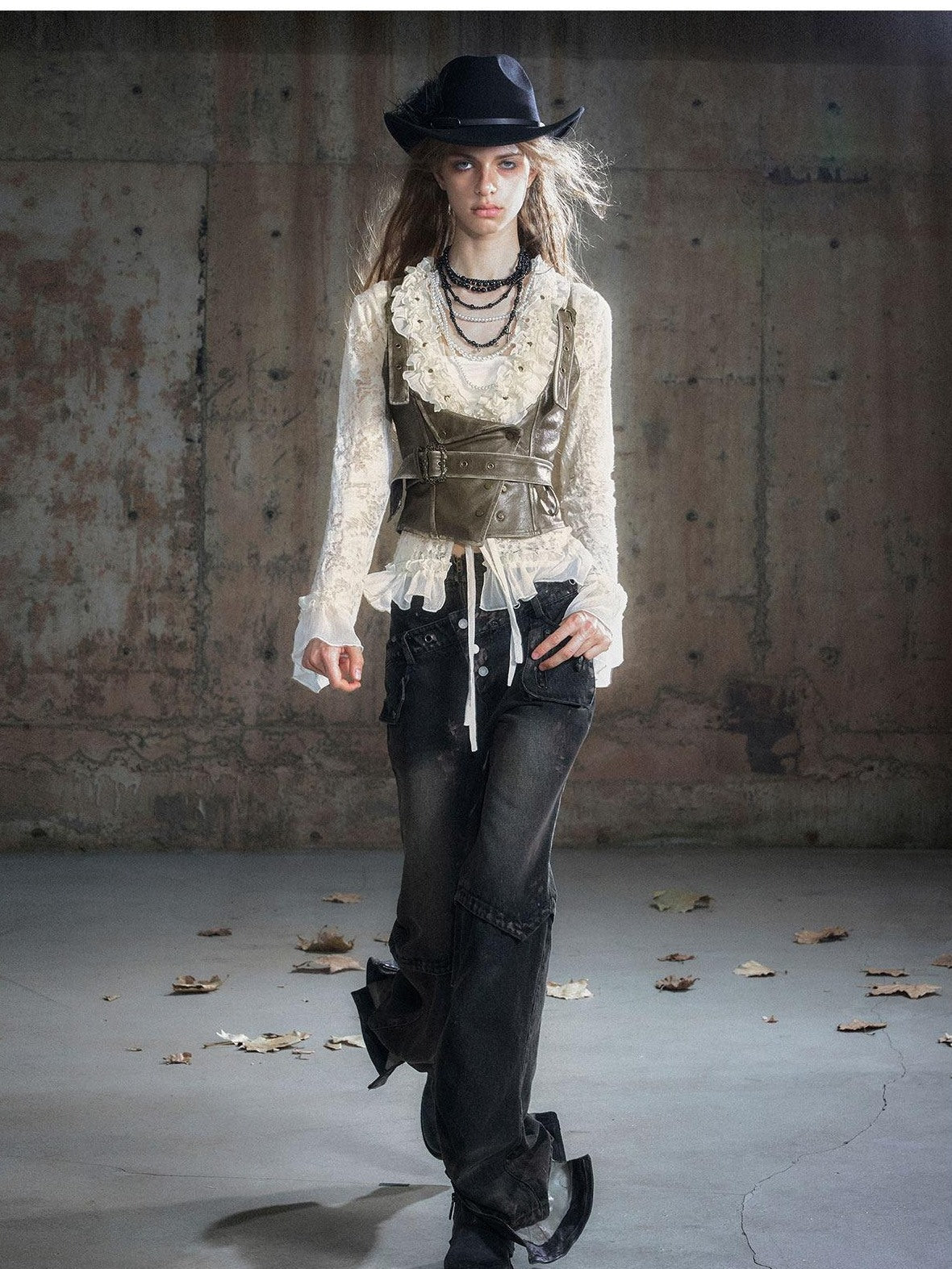 Cest Nous Patchwork Punk Low Waist Asymmetric Women Washed Black Cotton Straightlegjeans
