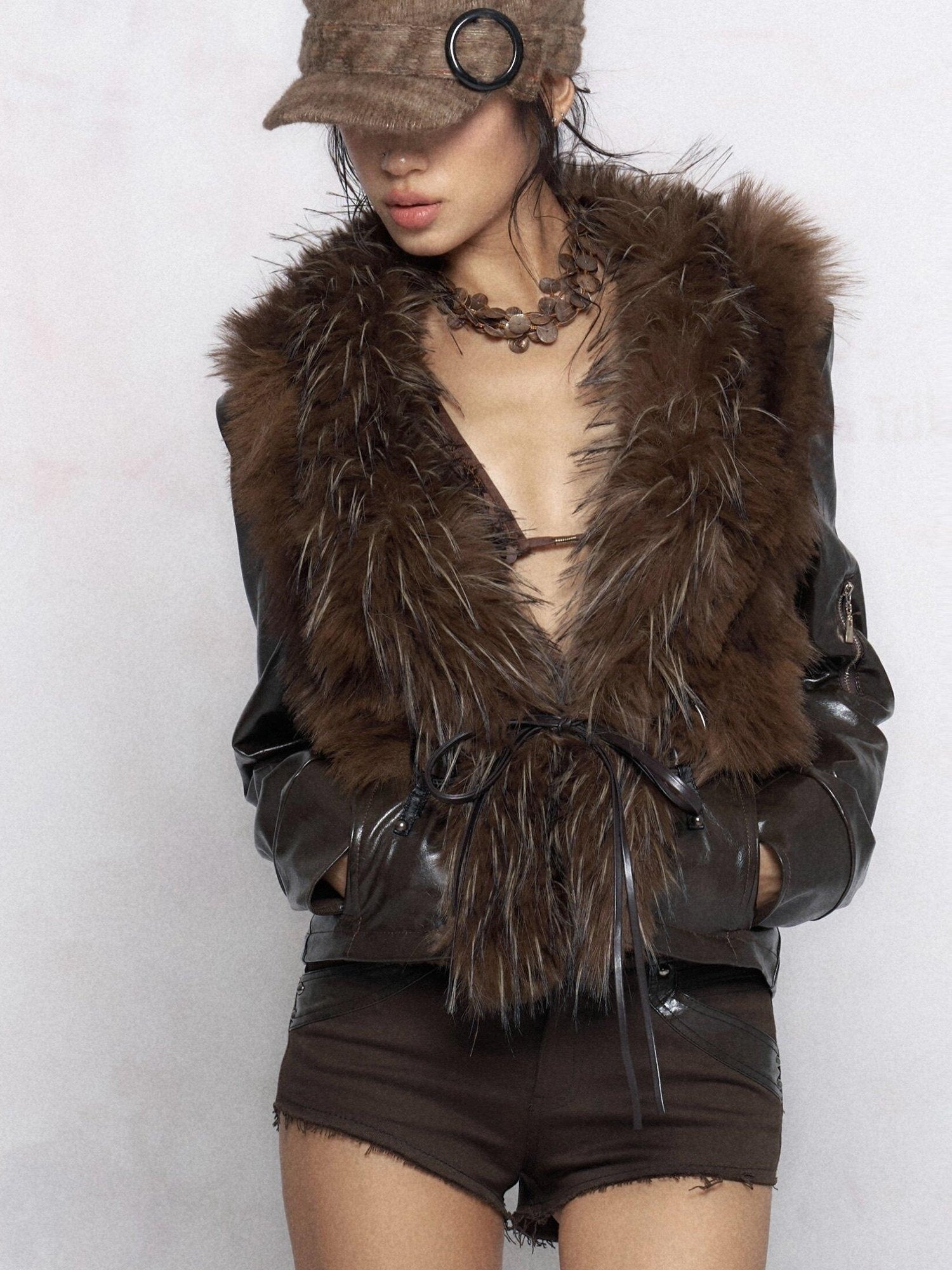 Flowers birds Market Warm Fur Collar Commuter Slim Fit Short Zip Teen Brown Leather Jackets
