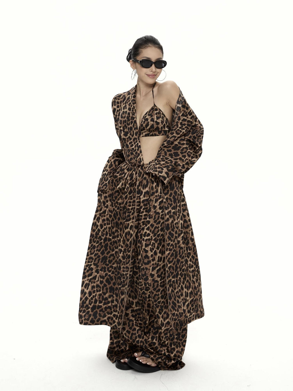 ZERO Leopard Print Three Piece Loose V-neck Cardigan Casual Women Top & Pants Sets