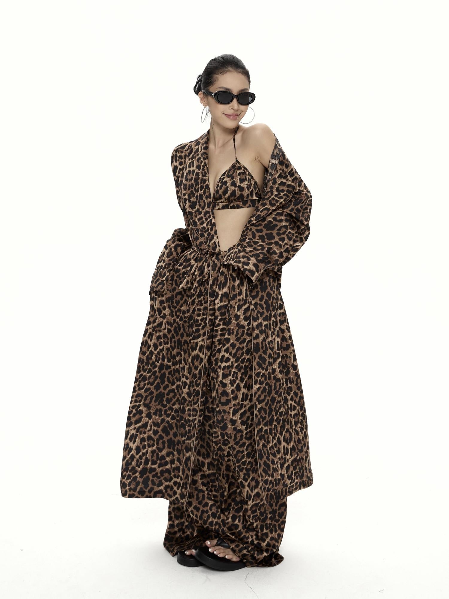 ZERO Leopard Print Three Piece Loose V-neck Cardigan Casual Women Top & Pants Sets