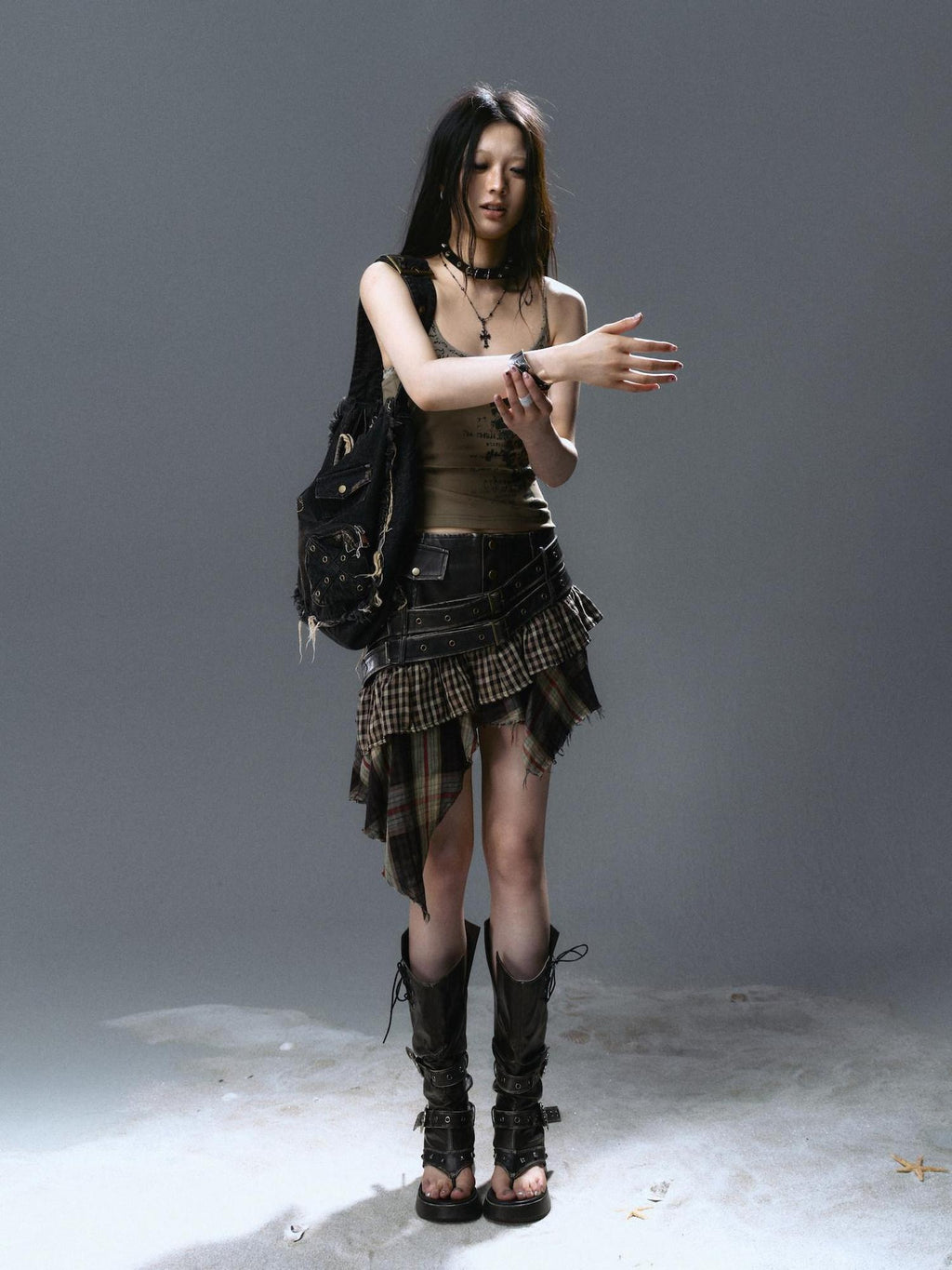 Cest Nous Pu Asymmetric Patchwork A Line Low Waist Punk Street Casual Black Midiskirts