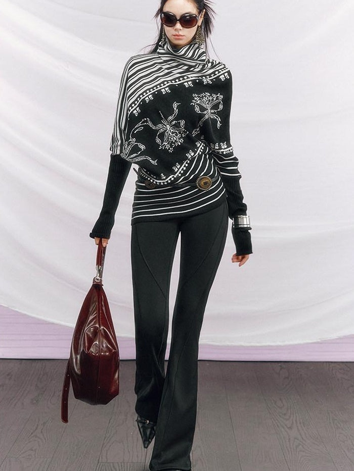 OfAkiva Thermal Slim Fit Colorblock Batwing Cowl Neck Women Striped Knit Sweaters