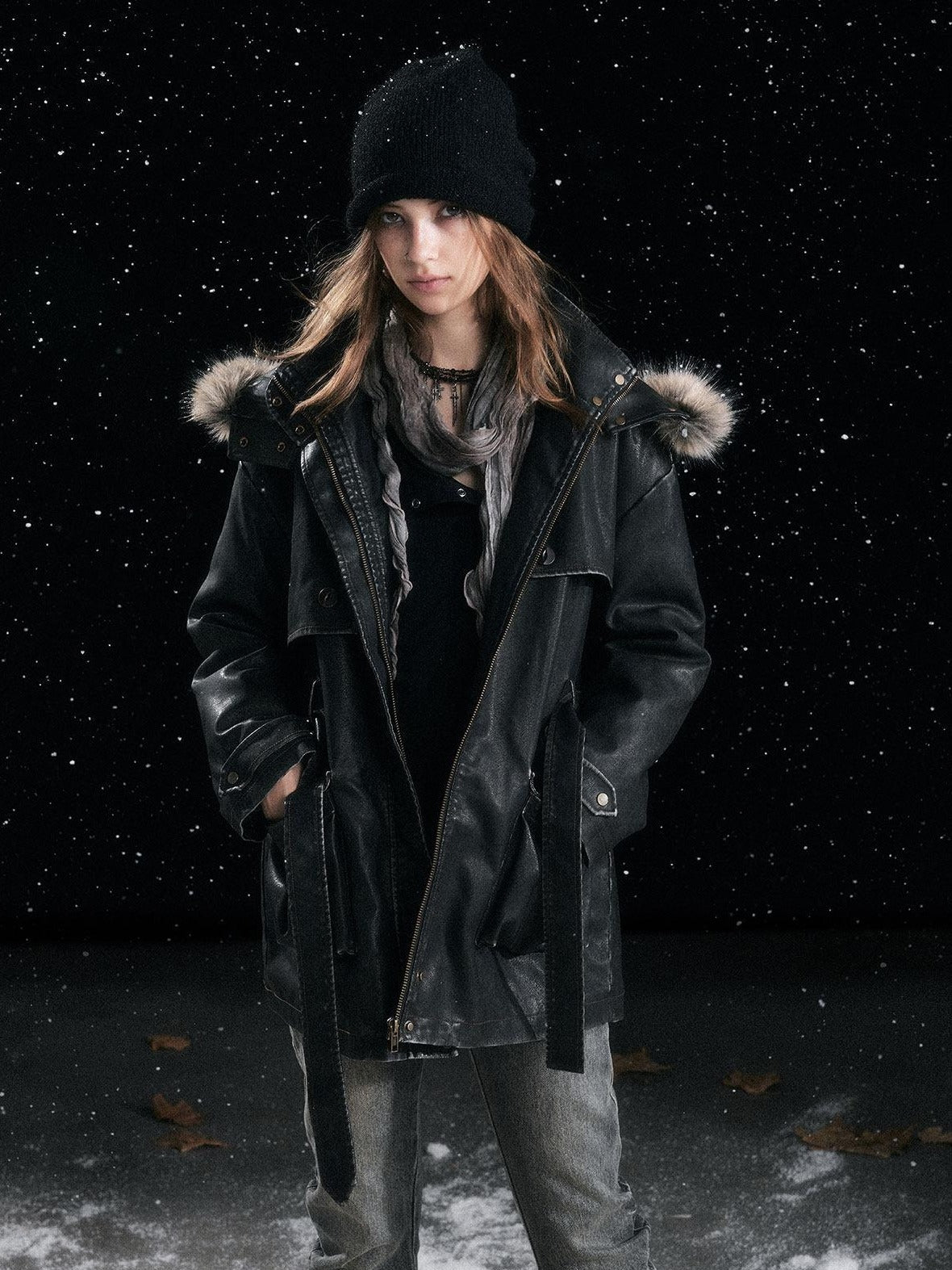 Cest Nous Insulated Commuter Hooded Straight Women Washed Black Leatherjackets