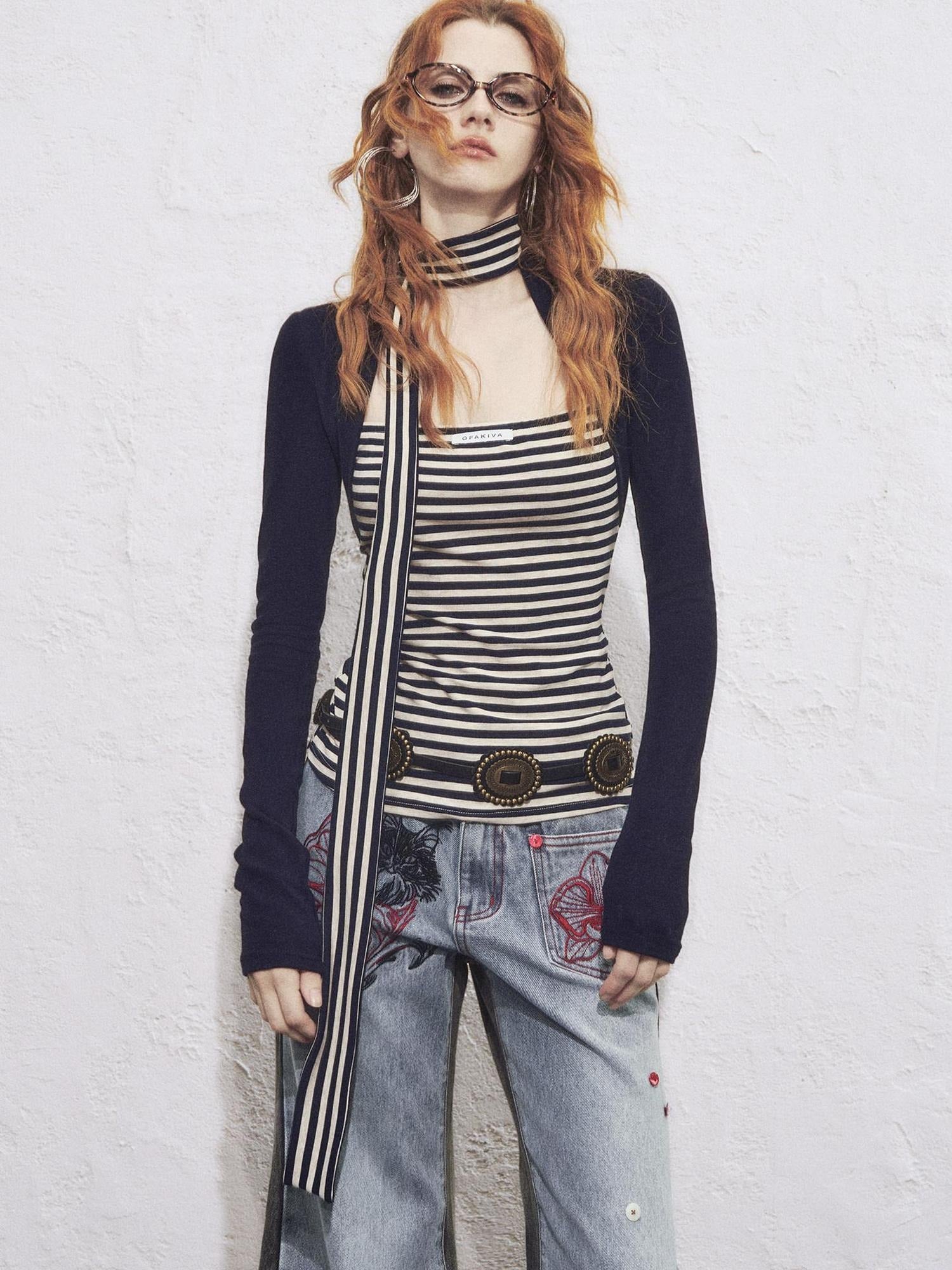 OfAkiva Slimming Striped Faux Layer Square Neck Crop Womens Casual Long Sleeve T-Shirts