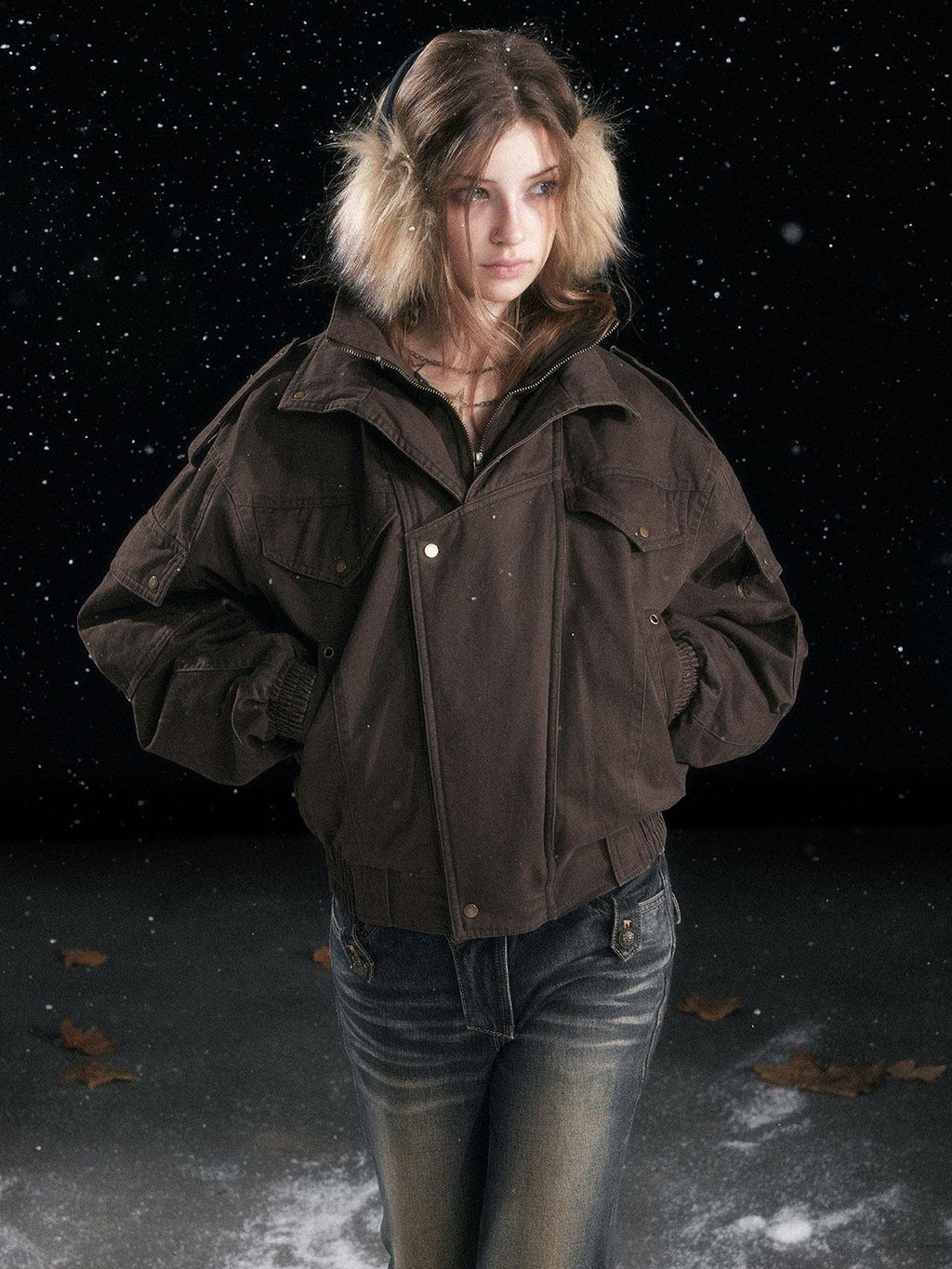 Cest Nous Warm Thick Hooded Zip Commuter Flight Women Brown Croppedjackets