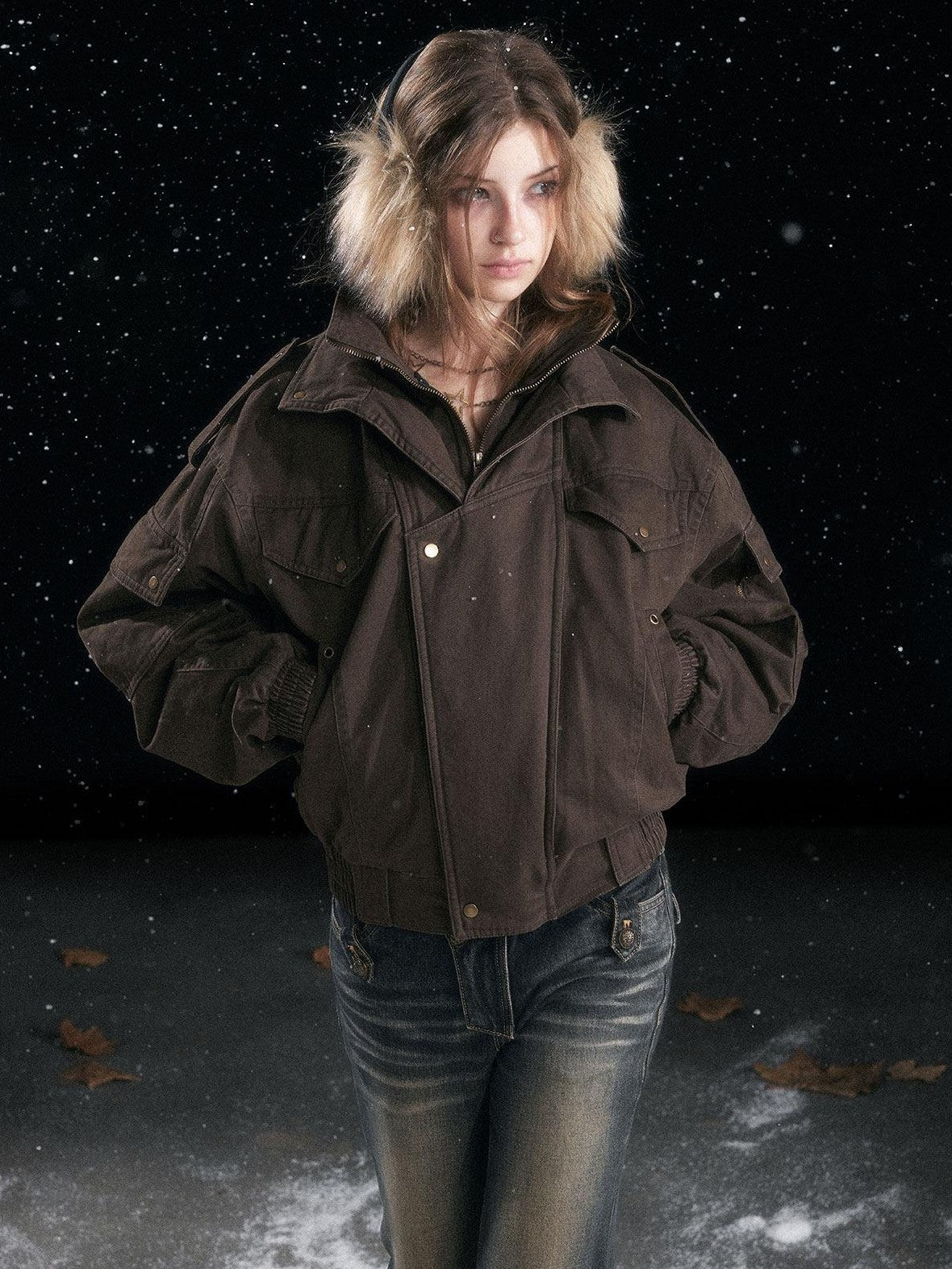 Cest Nous Warm Thick Hooded Zip Commuter Flight Women Brown Croppedjackets