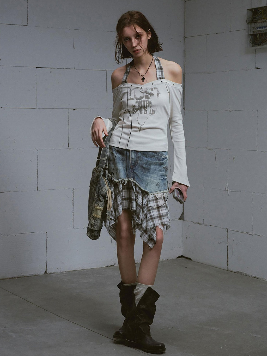 Cest Nous Printed Slim Street Punk Long Sleeve Straight Neck Women Haltercroptops