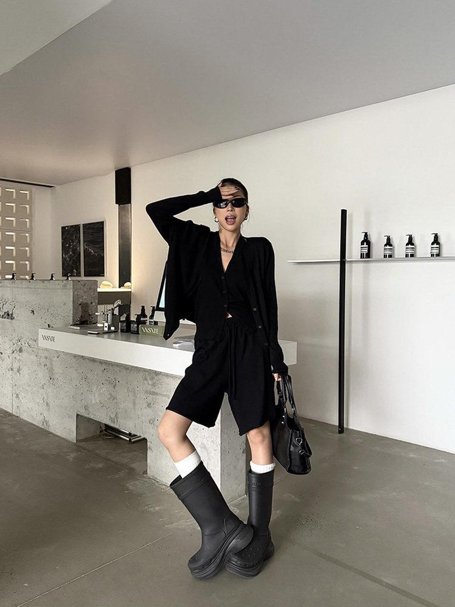 ZERO High Stretch Knitted V-neck Cardigan Loose Fit 3 Piece Women Top & Shorts Sets