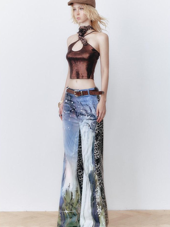 OfAkiva High Waist Leopard Patchwork Commuter Womens Straight Cut Flared Pants