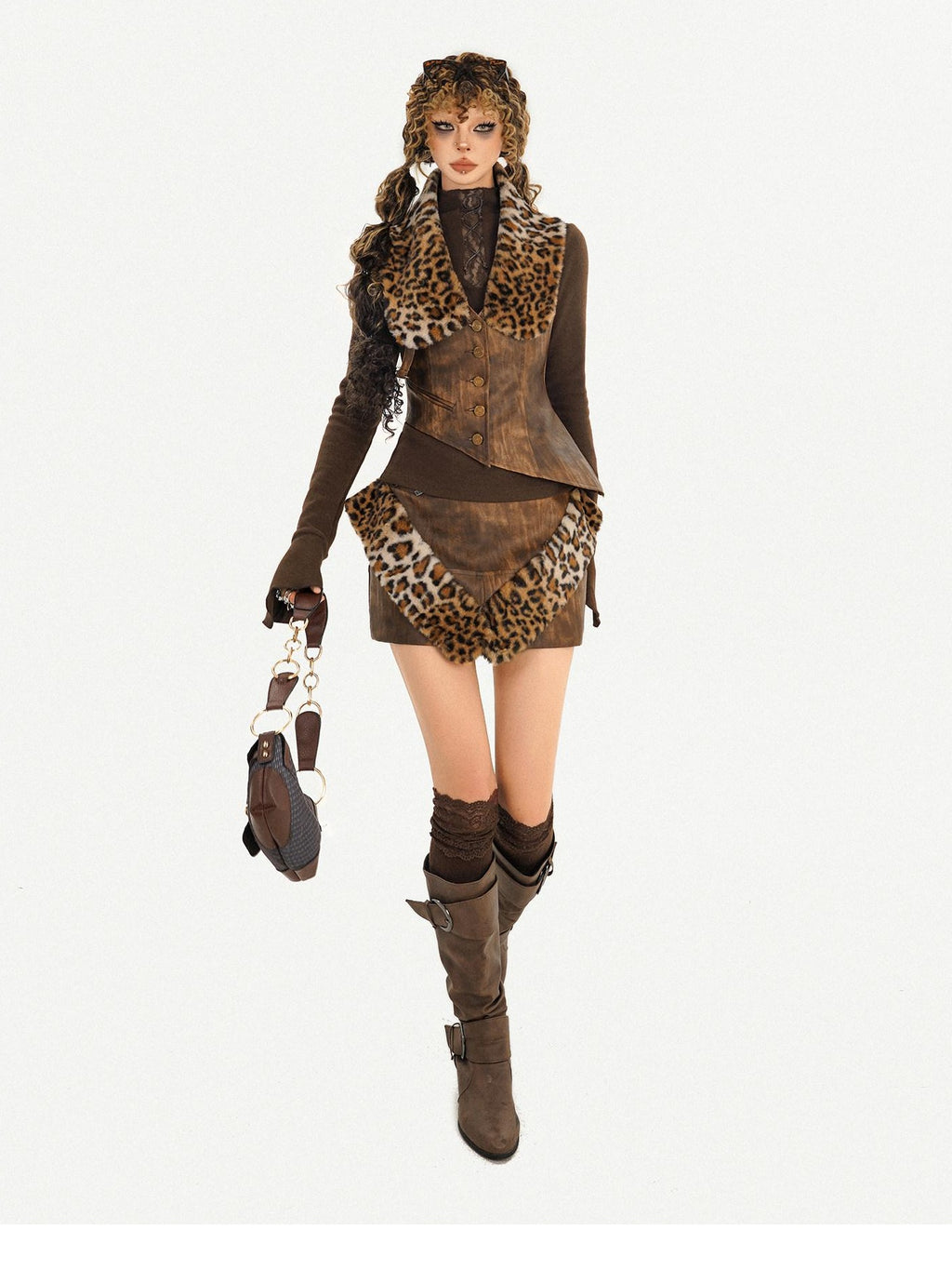 Nico Molly Leopard Trim Patchwork Nomadic A Line Mid Waist Casual Women Mini Skirts