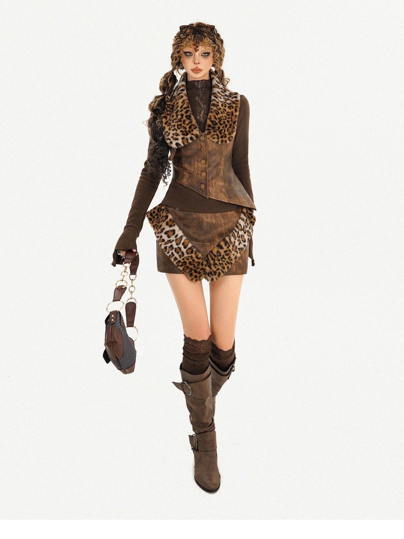 Nico Molly Leopard Trim Patchwork Nomadic A Line Mid Waist Casual Women Mini Skirts