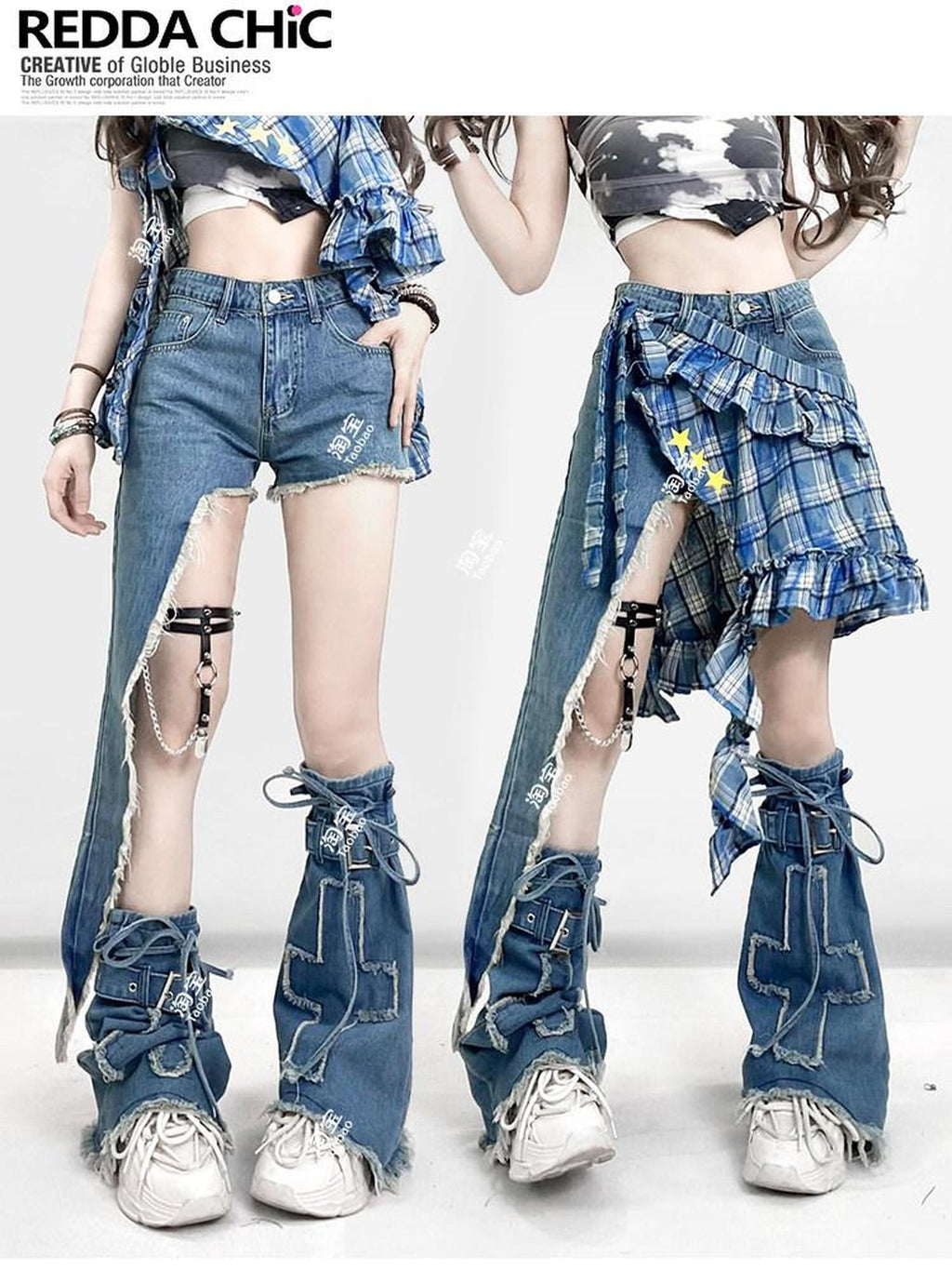 REDDACHIC American Vintage Irregular Zip Fly Low Rise Layered Y2K Women'S Denim Shorts
