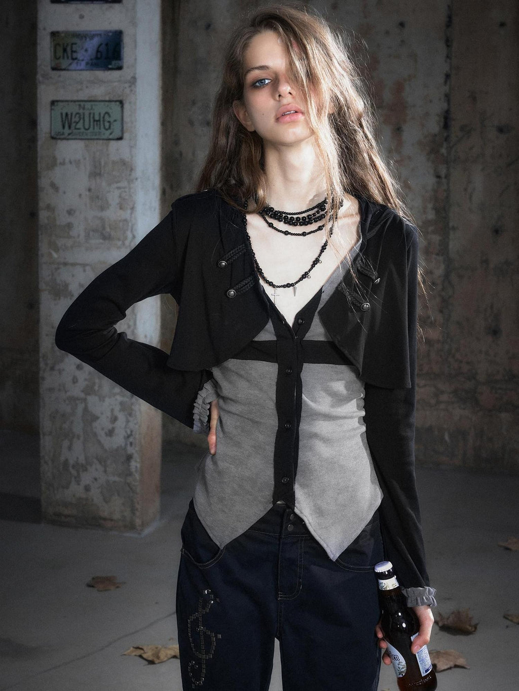 Cest Nous Slim Hooded Patchwork Knit Punk Long Sleeve Open Front Women Black Gray Blouses