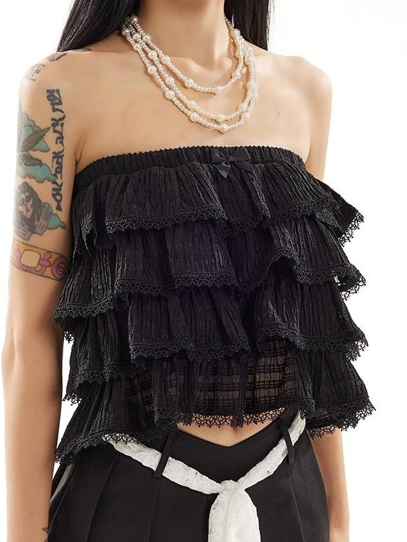 ZERO Lace Bow Accent Padded Street Loose Cropped Women Black White Tube Tops