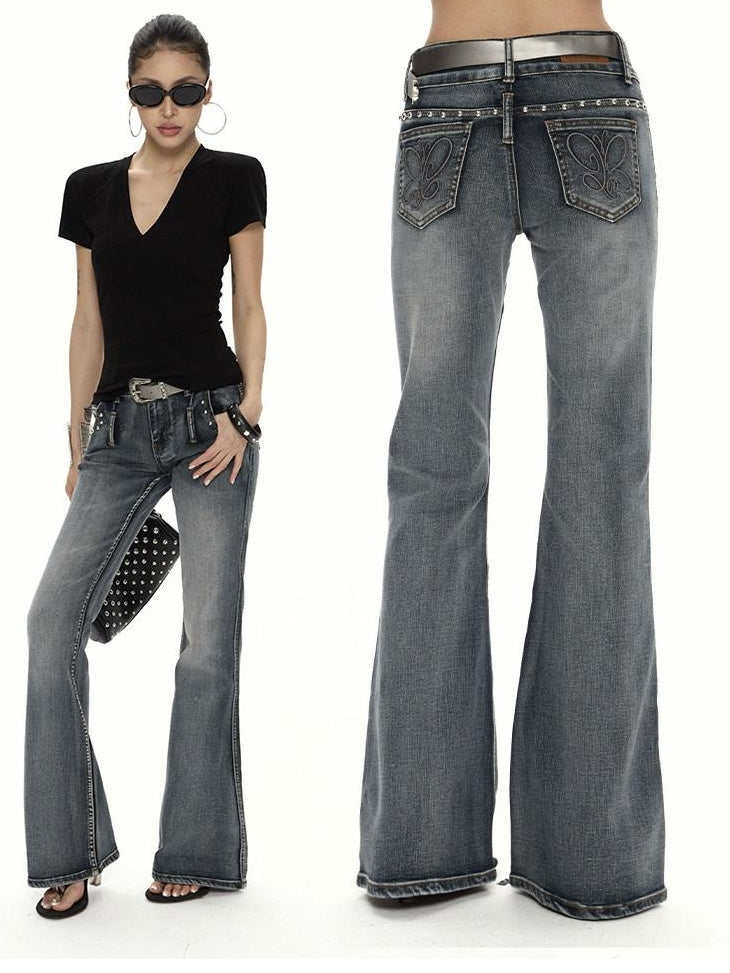 ZERO High Stretch Washed Vintage Blue Slim Natural Waist Pockets Women Denim Flared Jeans