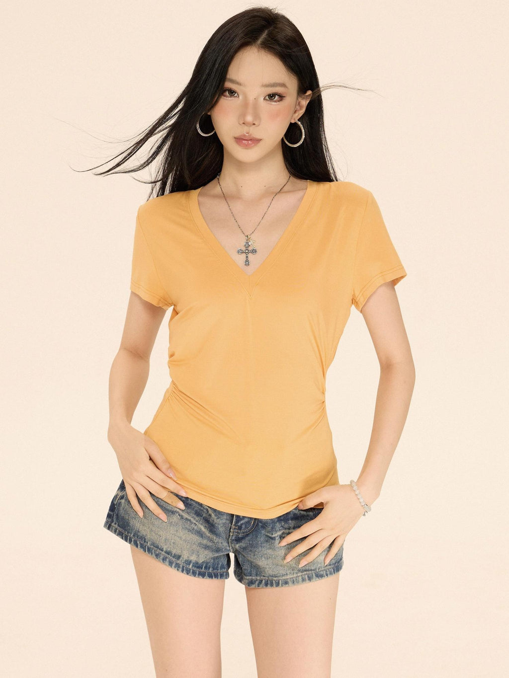ZERO Ruched V-neck Slim Fit Casual Solid Knit Pullover Women Long Sleeve Crop Tops