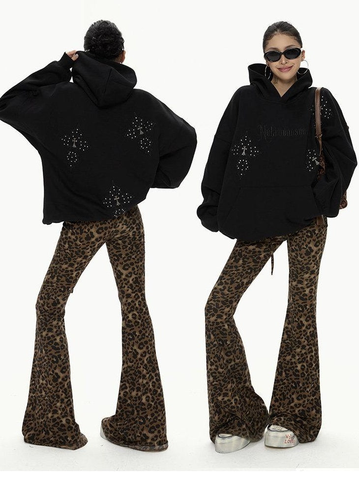 ZERO Soft Lyocell Knit Vintage Leopard Print Elastic Natural Waist Women Flared Pants