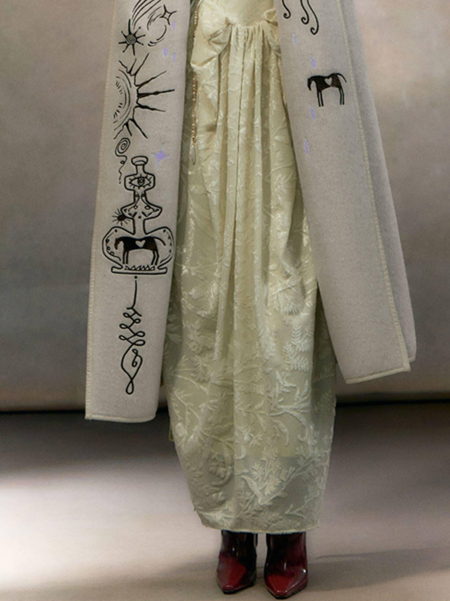 OfAkiva Thick Embroidered Hooded Relaxed Mystic Wool Midlength Brown Long Coats