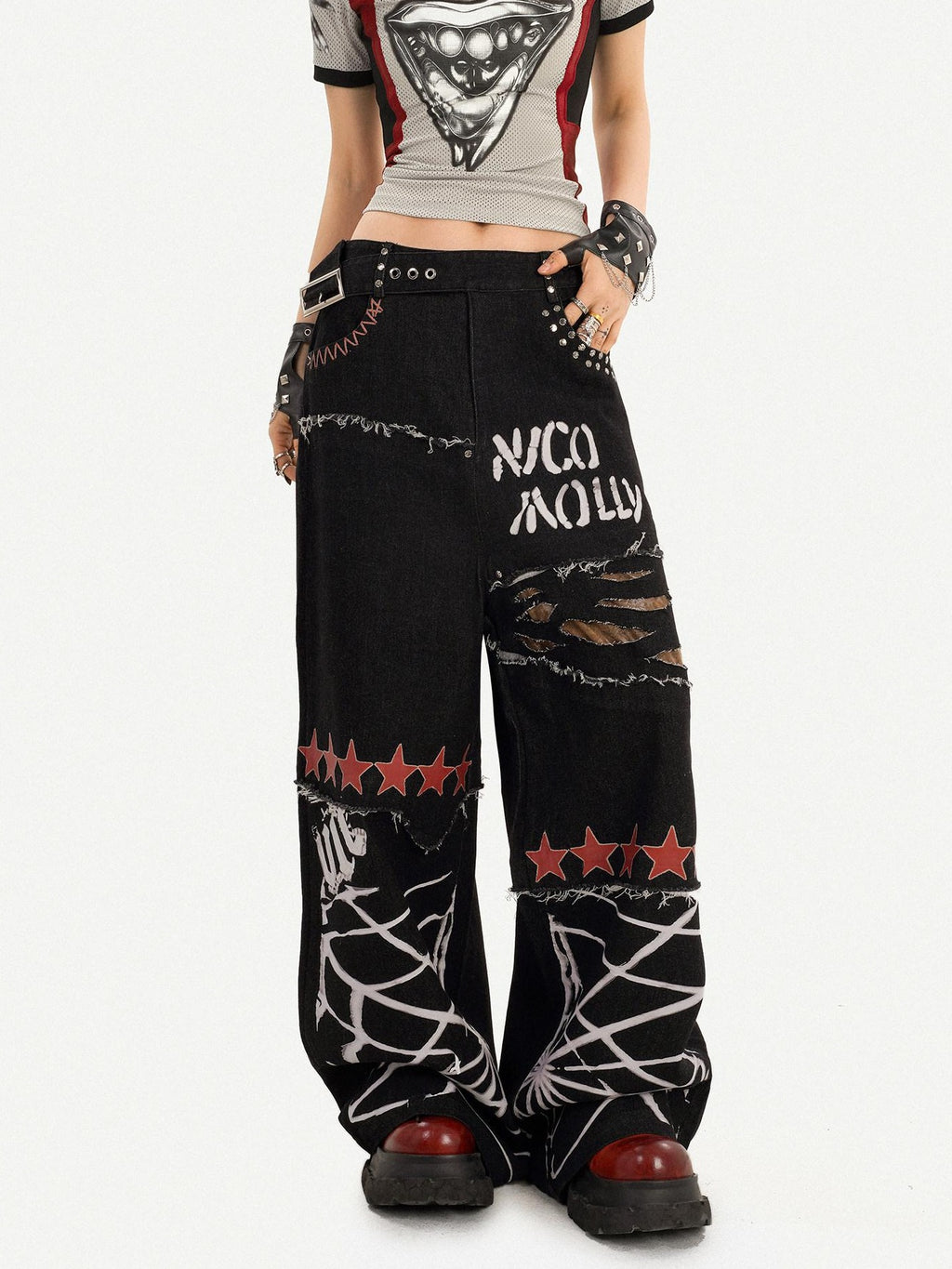 Nico Molly Ripped Natural Waist Relaxed Button Fly Letter Black Women Wide Leg Jeans