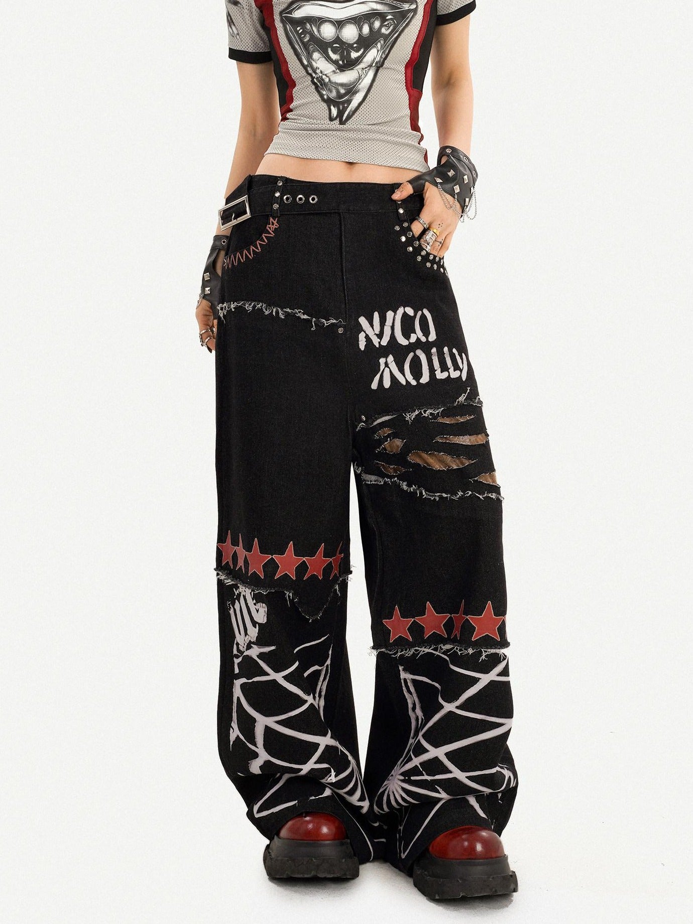 Nico Molly Ripped Natural Waist Relaxed Button Fly Letter Black Women Wide Leg Jeans