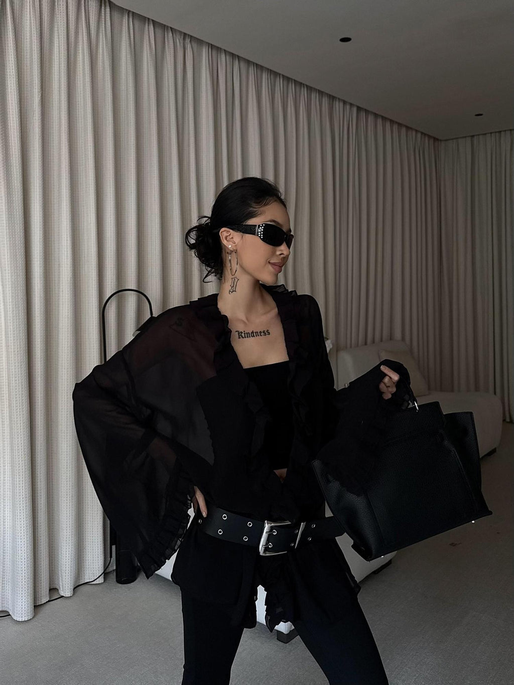 ZERO Ruffle Sleeve Street Style Loose Fit Casual Women Black Polyester Blouses