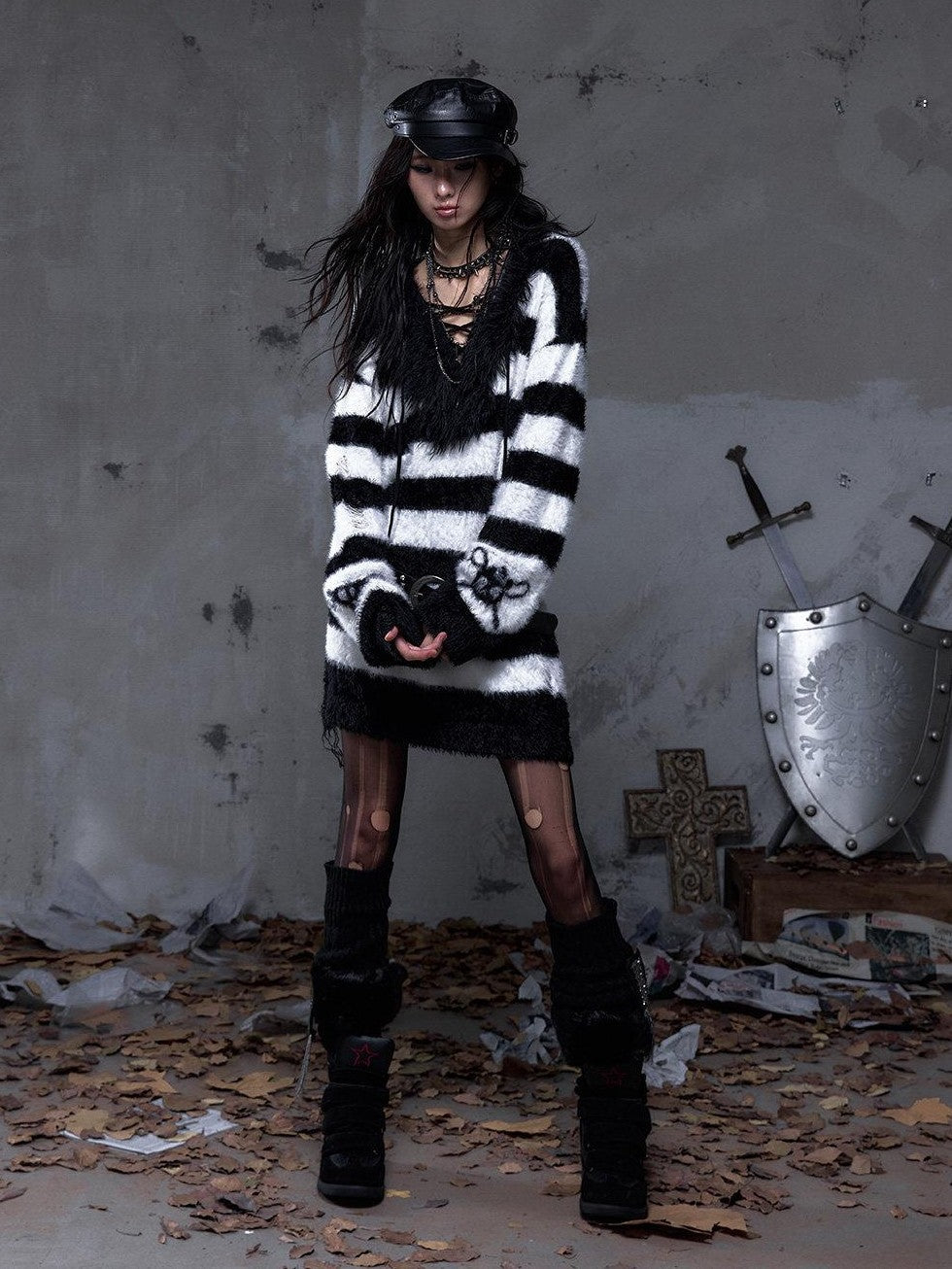 NO ROMANCE Vintage Punk Distressed Striped Women'S Faux Mink Low Neck Loose Long Sweaters
