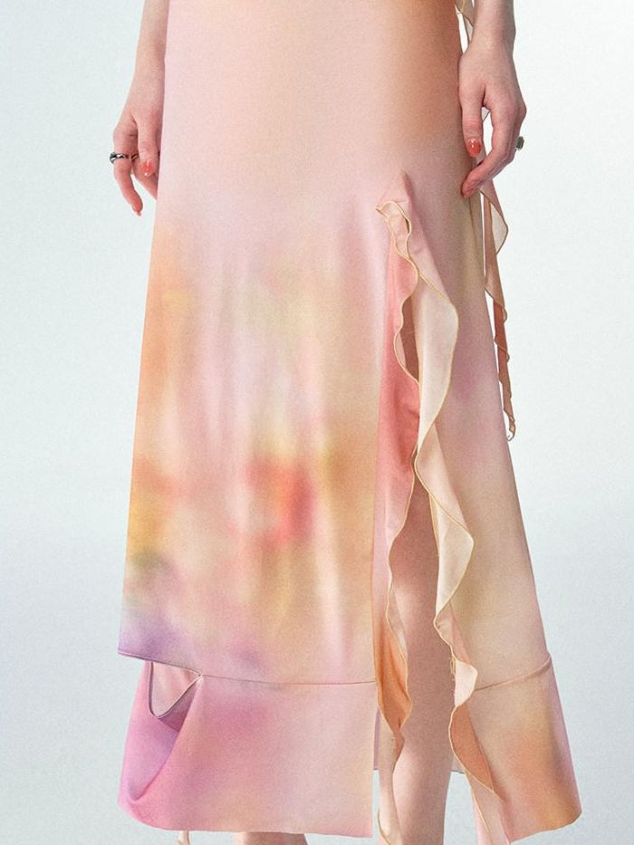OfAkiva High Waist Irregular Knit Strappy Square Neck Casual Yellow Pink Maxi Dresses