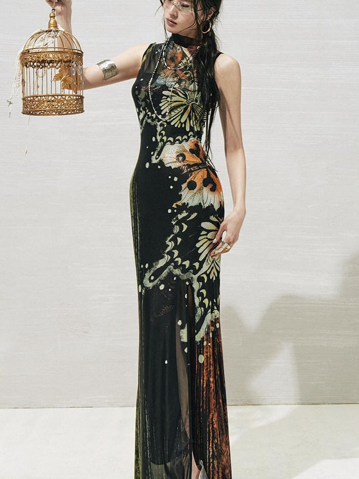 OfAkiva High Waist Sleeveless Printed A Line Hanfu Inspired Women Maxi Dresses