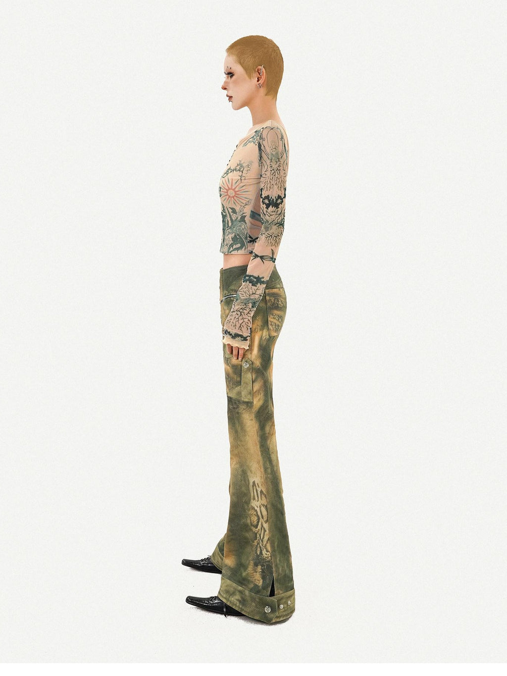 Nico Molly Vintage Tie Dye Floral Mesh Slim Fit Crew Neck Women Long Sleeve Crop Tops