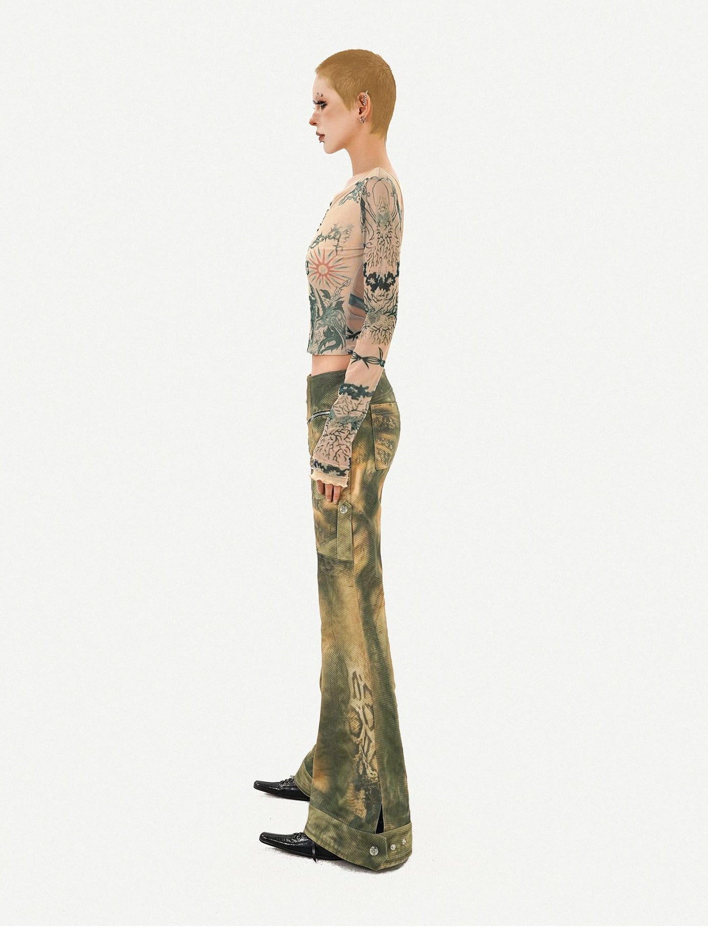 Nico Molly Vintage Tie Dye Floral Mesh Slim Fit Crew Neck Women Long Sleeve Crop Tops