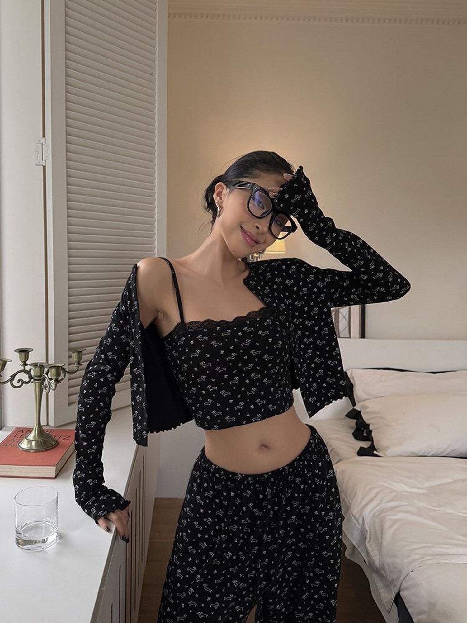 ZERO Knitted Slim Three Piece Printed Crop Cardigan Casual Women Top & Pants Sets