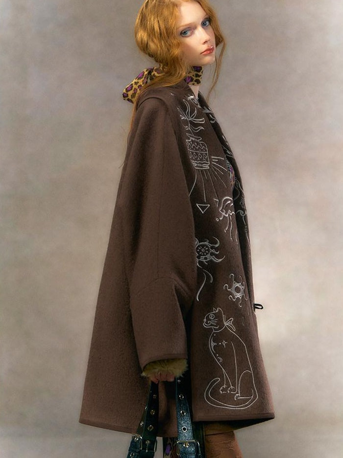 OfAkiva Embroidered Double Faced Wool Elegant Loose Fit Women Brown Short Coat