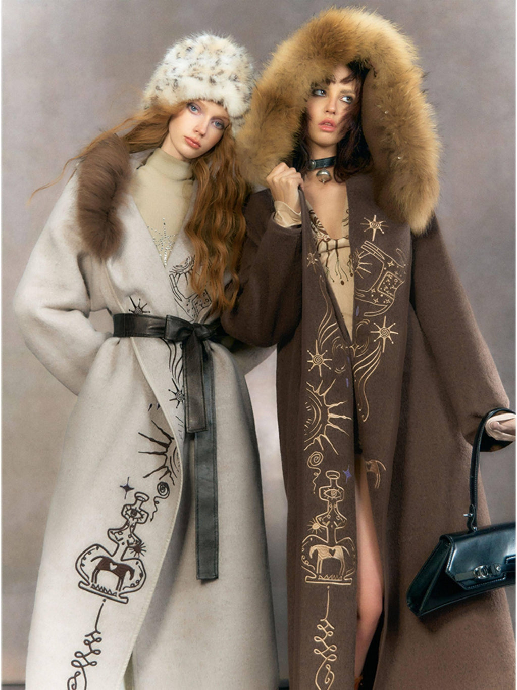 OfAkiva Thick Embroidered Hooded Relaxed Mystic Wool Midlength Brown Long Coats