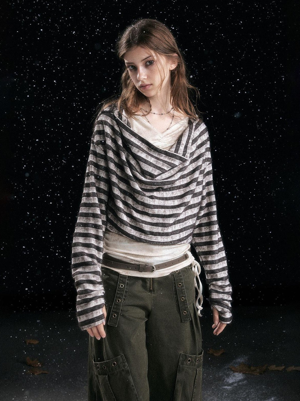 Cest Nous Distressed Relaxed Fit Hooded Striped Pullover Casual Women Viscose Knitwear