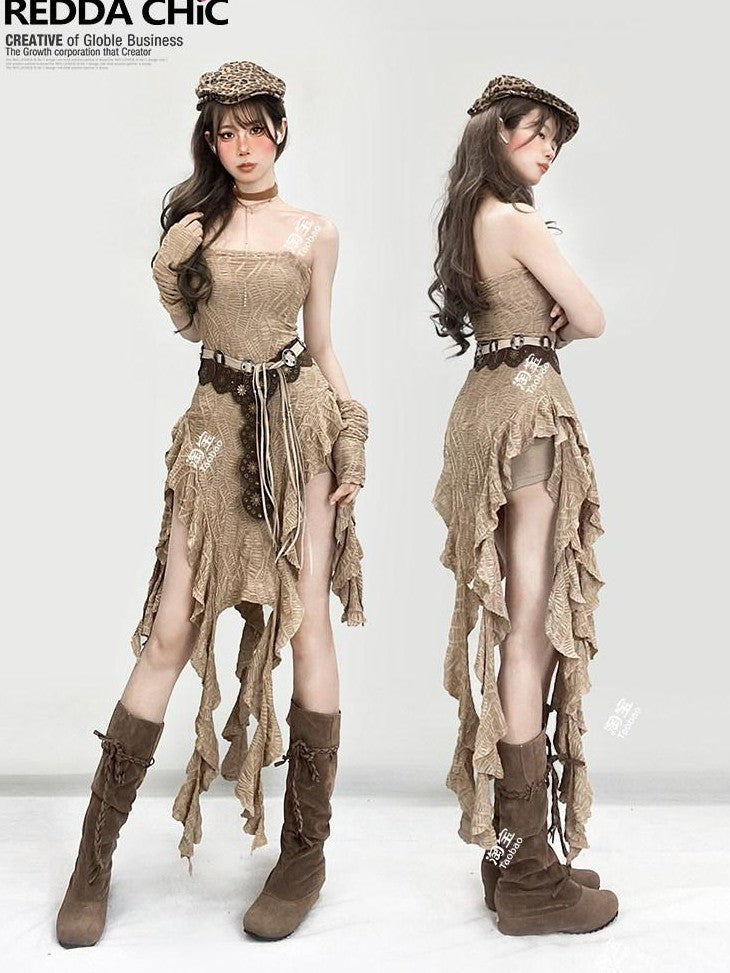 REDDACHIC Khaki Wasteland Fitted Ruffle Tassel Asymmetrical Women'S Strapless Maxi Dresses