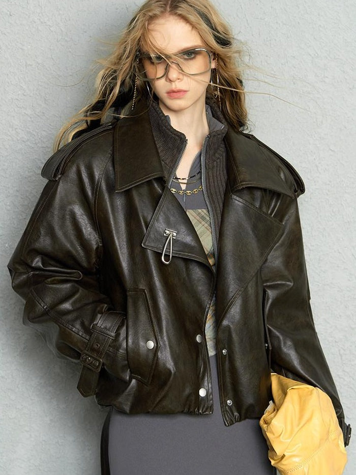 OfAkiva Slim Fit Short Zipper Blazer Collar Long Sleeve Youth Outerwear Leather Jackets