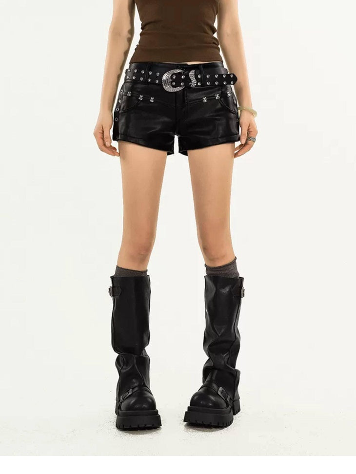 Nico Molly Edgy Slim Pu Leather Punk Straight Natural Waist Zipper Womens Black Mini Shorts