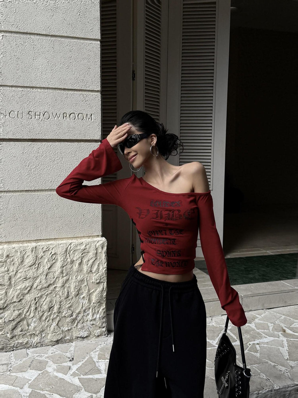 ZERO Wild Print Red Slim Street Asymmetrical Neck Women Viscose Long Sleeve Crop Tops