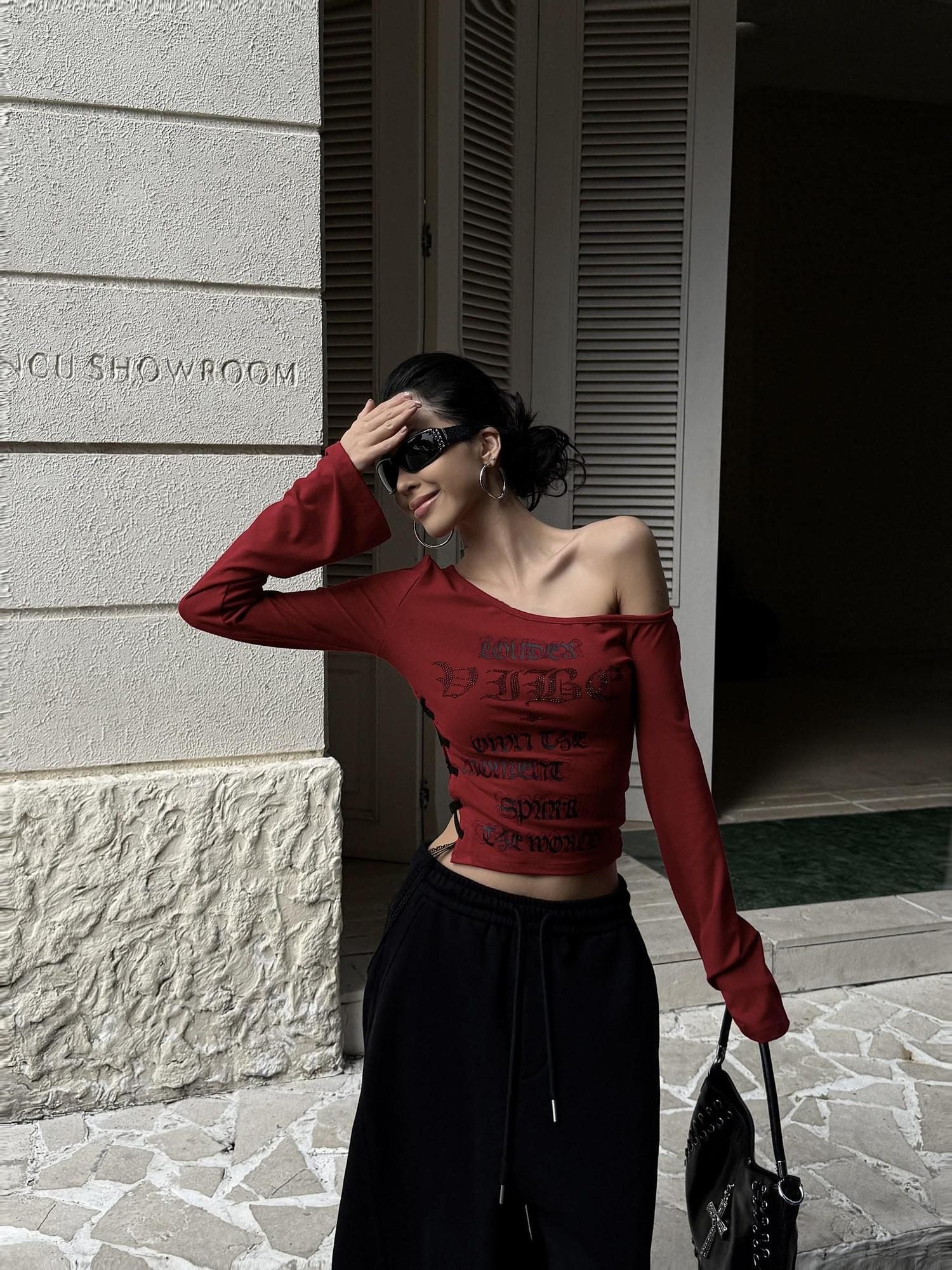 ZERO Wild Print Red Slim Street Asymmetrical Neck Women Viscose Long Sleeve Crop Tops