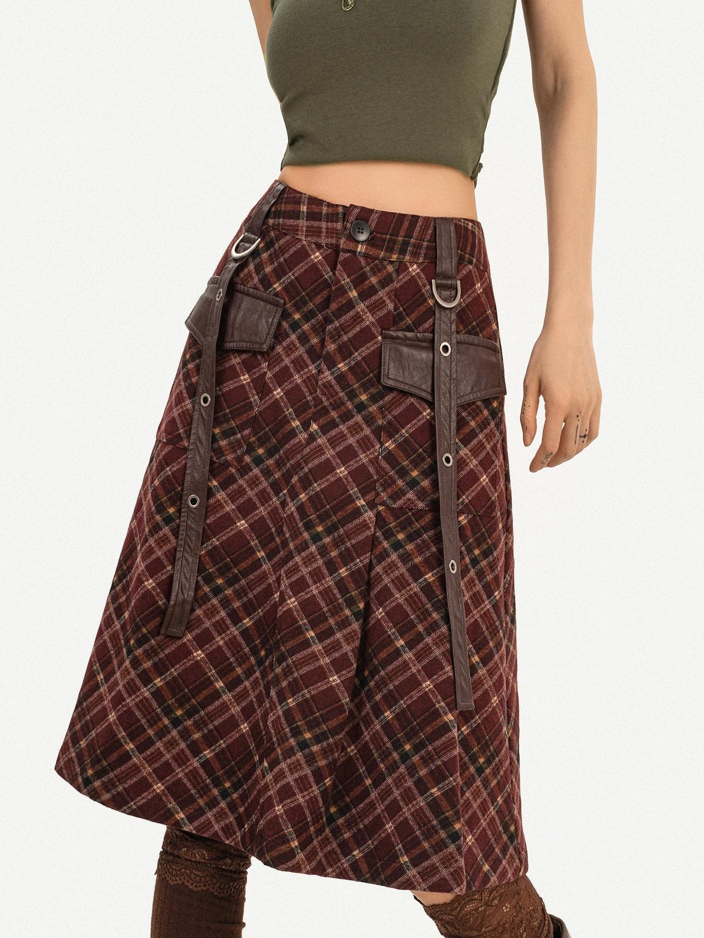 Nico Molly Casual Distressed Plaid A Line Button Pocket Midwaist Tweed Women Midi Skirts
