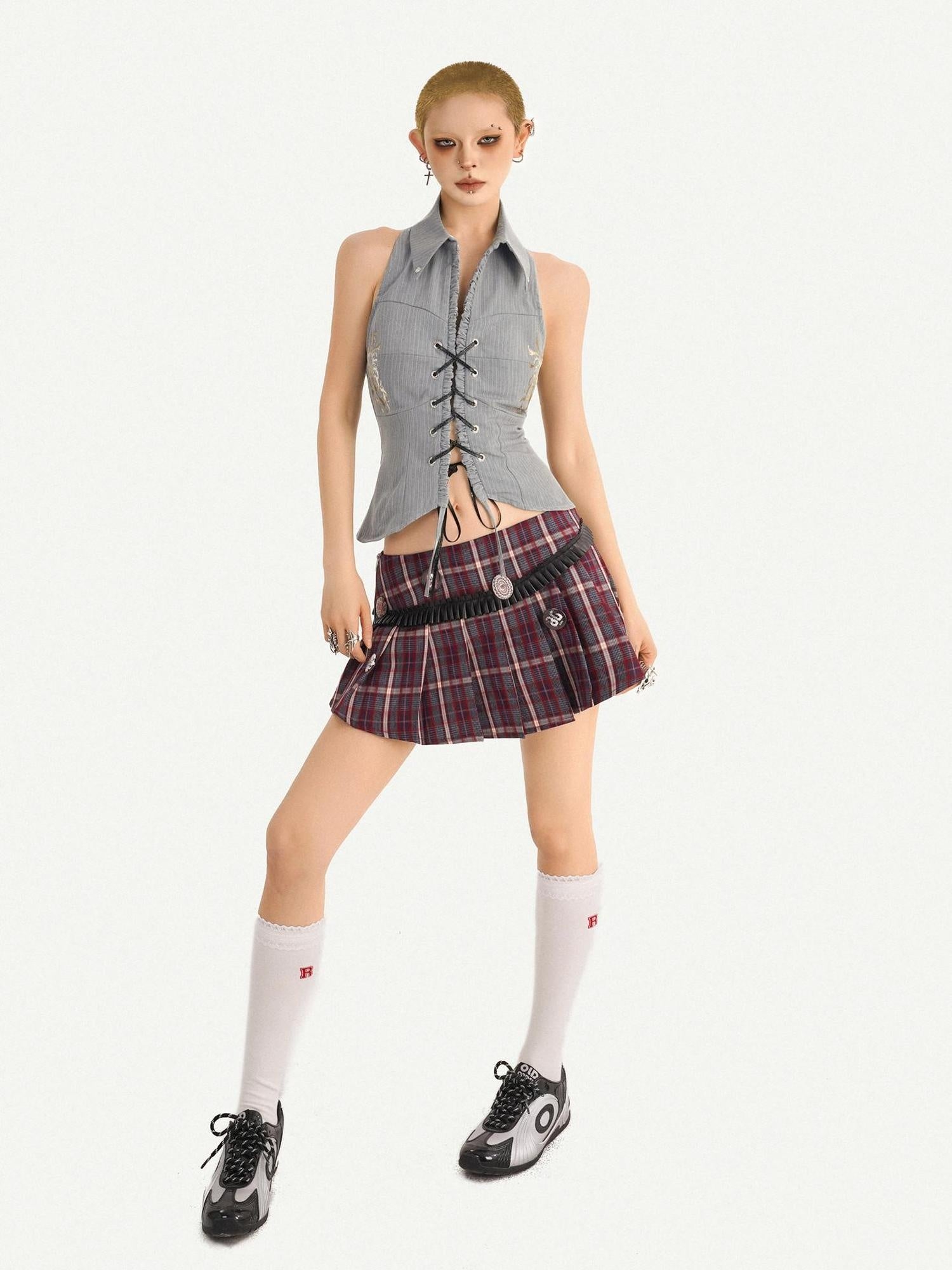 Nico Molly Lined Burgundy Pleated Low Waist Slim Fit Women Schoolgirl Chic Mini Skirts