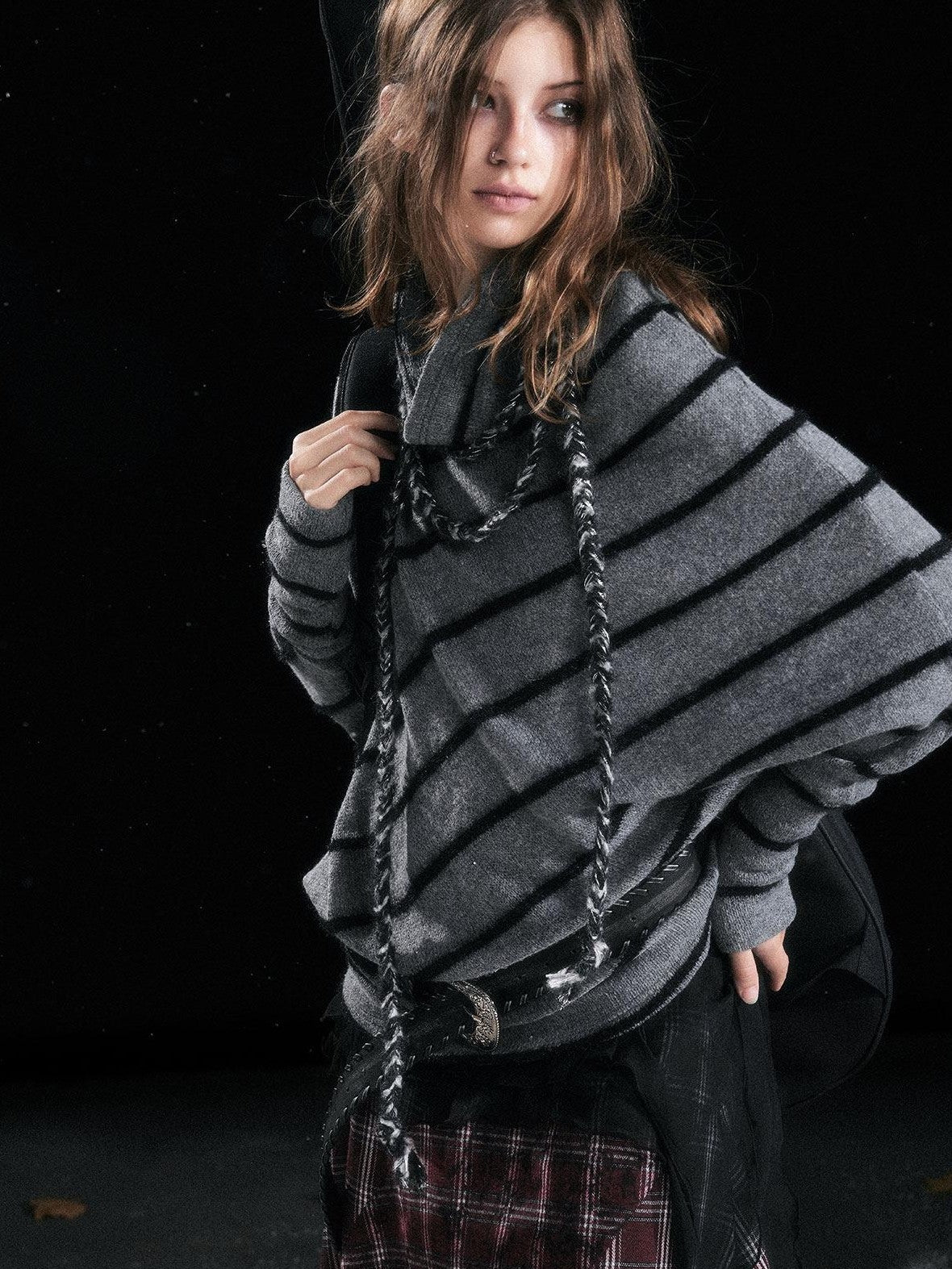 Cest Nous Cozy Thick Street Oversized Batwing Turtleneck Tie Front Women Striped Sweaters