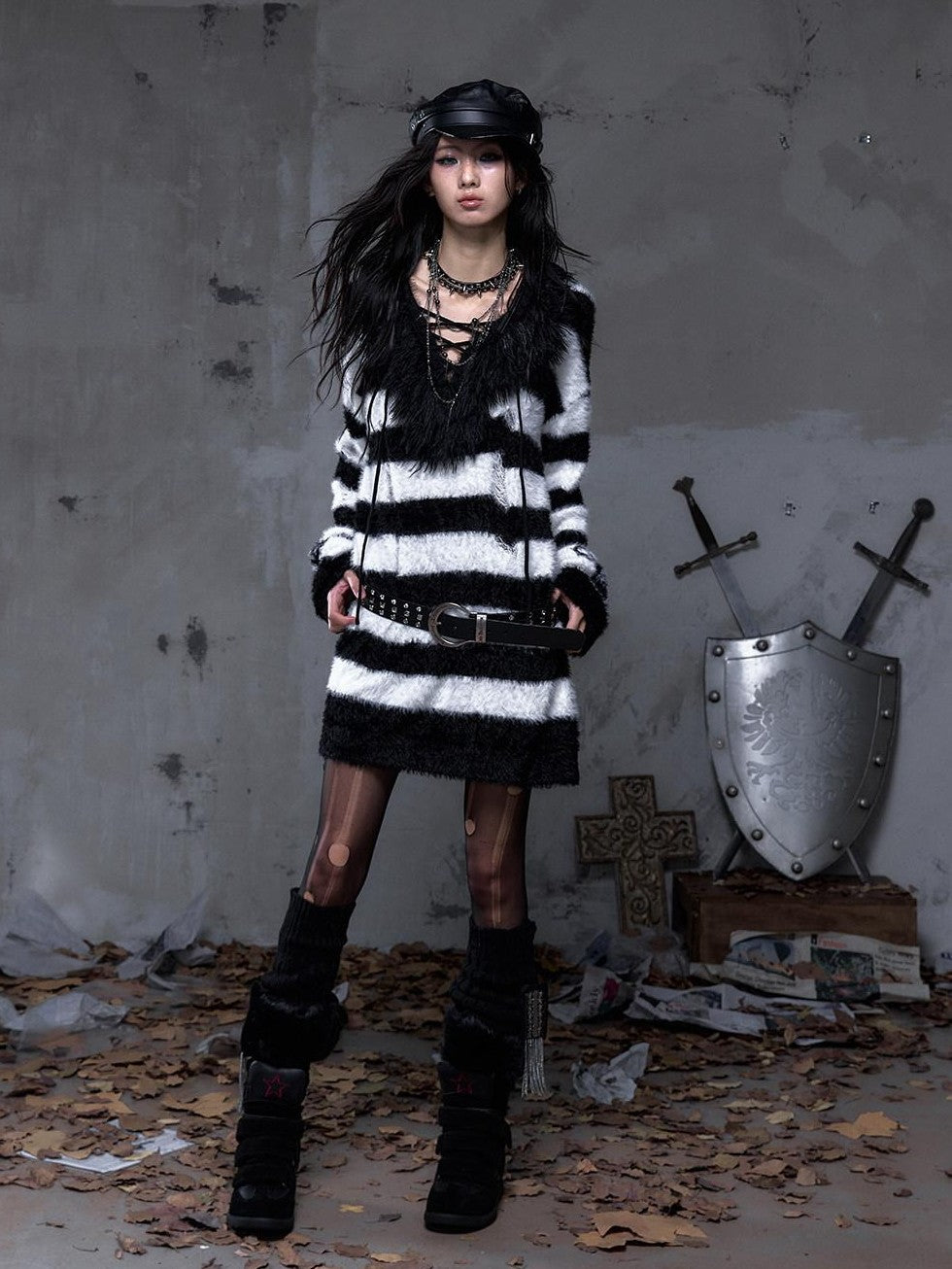 NO ROMANCE Vintage Punk Distressed Striped Women'S Faux Mink Low Neck Loose Long Sweaters