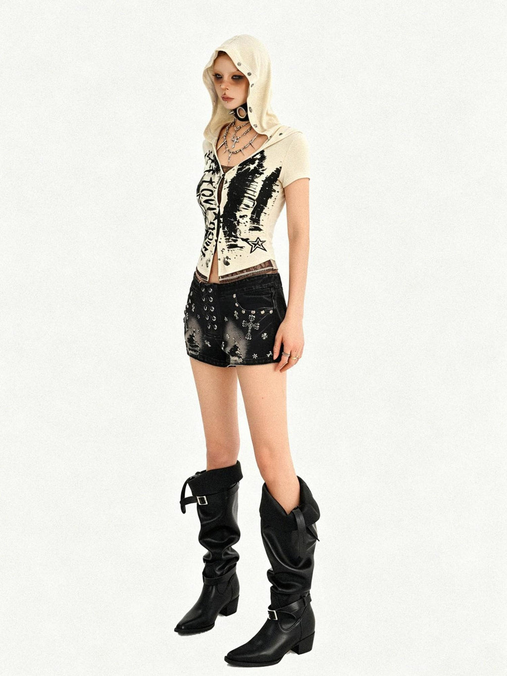 Nico Molly Cinched Waist Lace Skull Punk Faux Two Piece Cropped Women Off White Hoodie