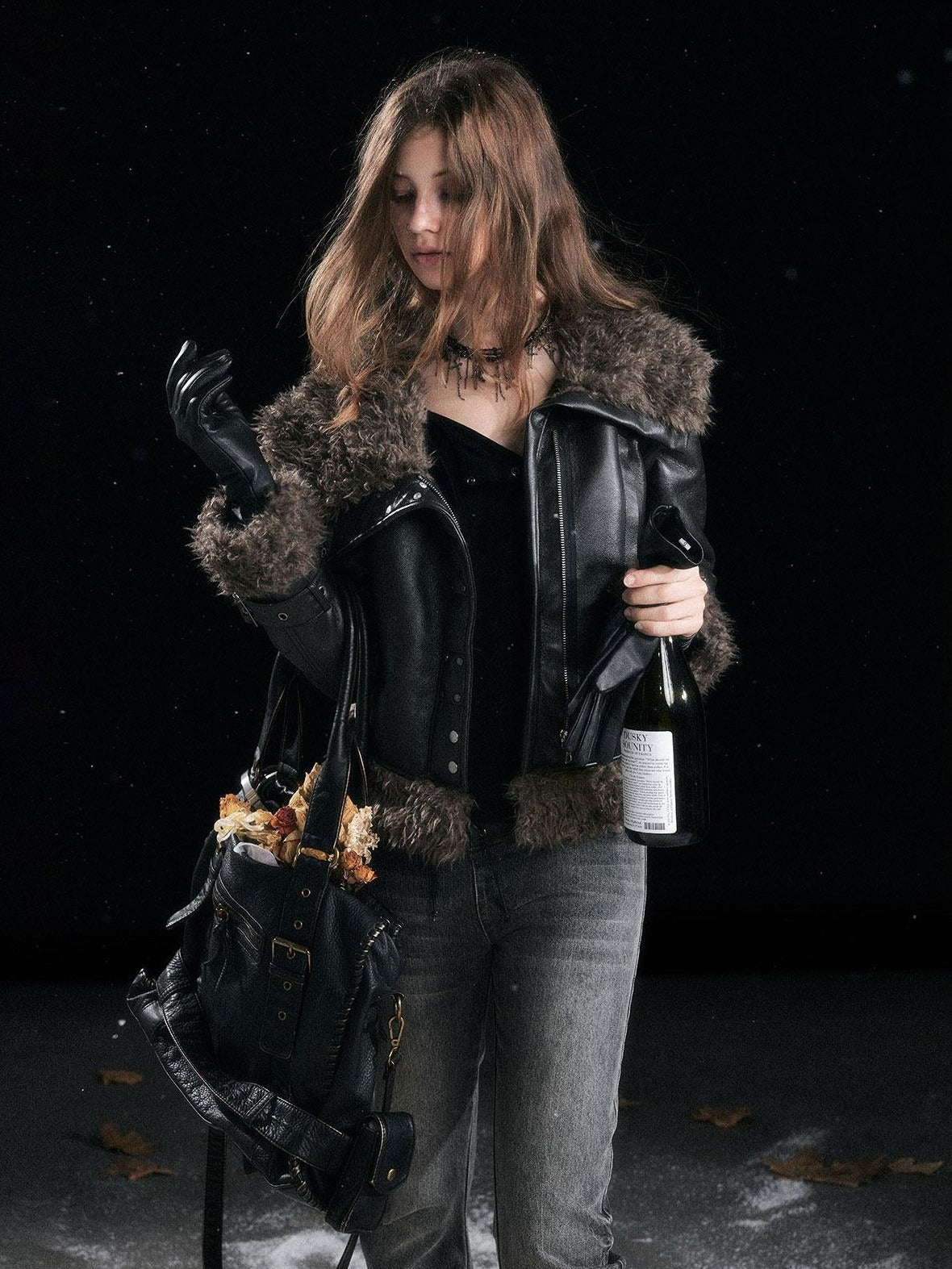 Cest Nous Slimming Thick Punk Straight Cut Faux Shearling Lapel Zip Women Croppedjackets