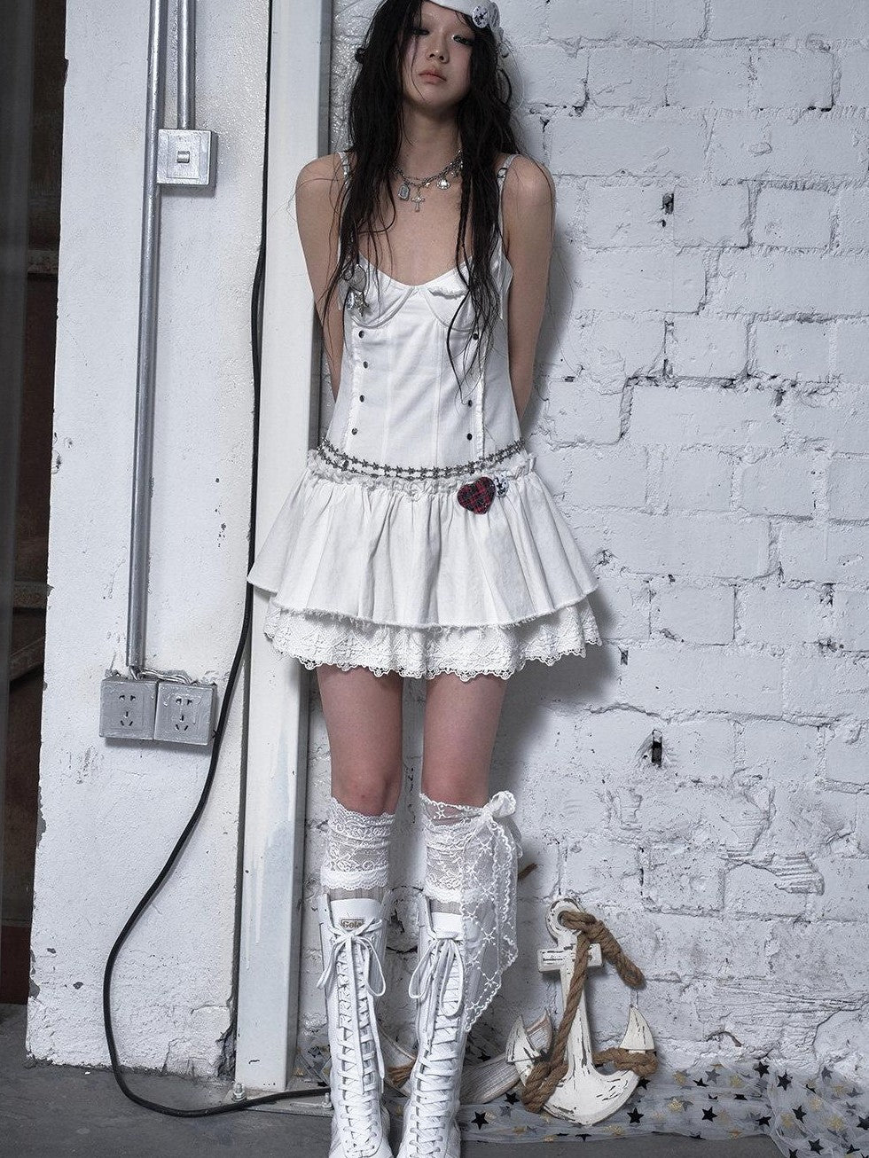 NO ROMANCE Washed Frayed Hem Vintage Punk Academy Women'S Cotton Slip Mini Dresses